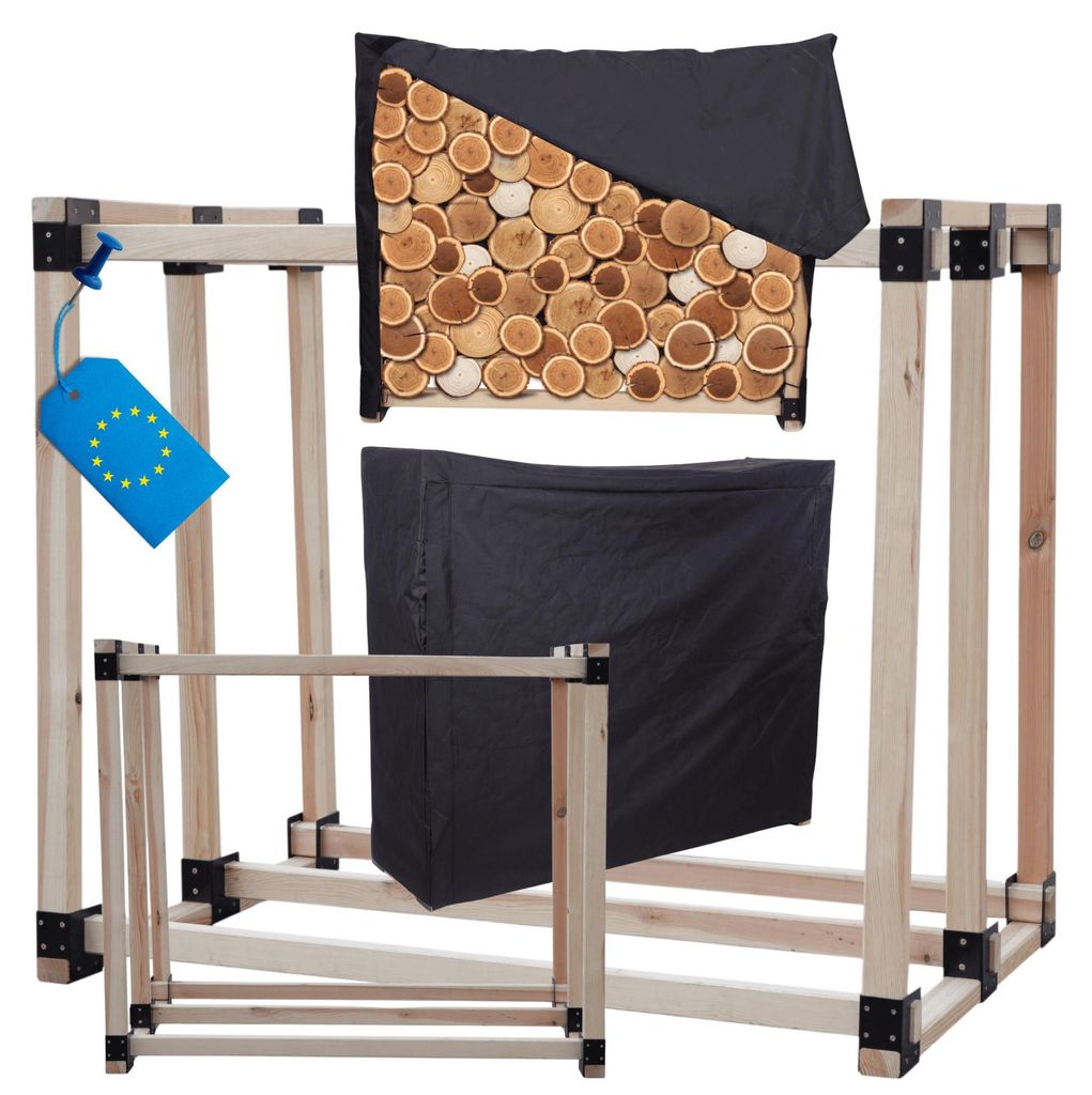 MODO24 Kaminholzregal, Holzunterstand, mit Abdeckung, Schutzplane, Brennholzregal, Holzlager, Garten, Wetterfest, Massivholz, 154x146x80 cm, DRE
