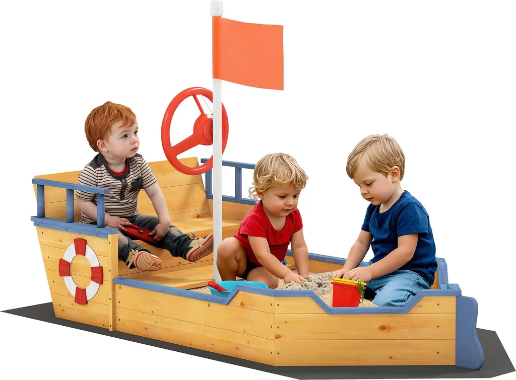 Bac à Sable Pirate en Bois de Sapin avec Rangement et Drapeau 190cm