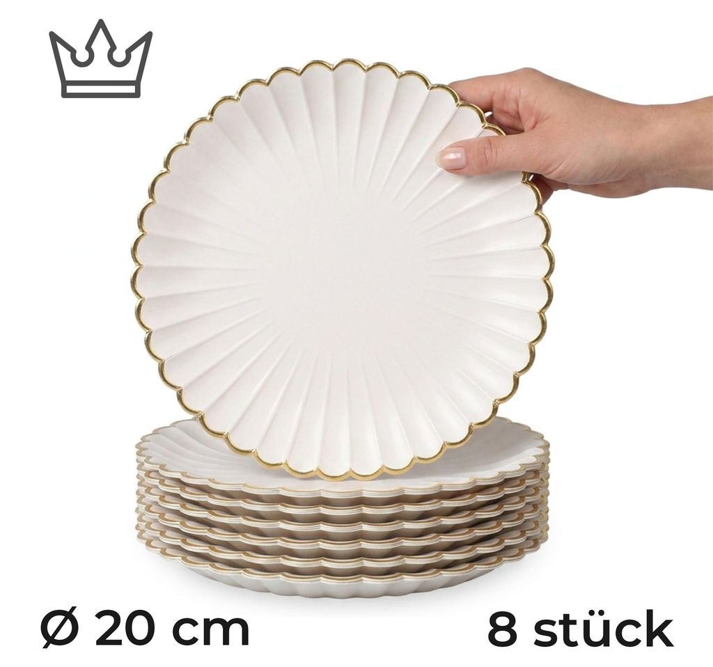 8er-Set Premium Porzellan Speiseteller Ø20 cm – Elegantes Wellendesign mit edlem Goldrand