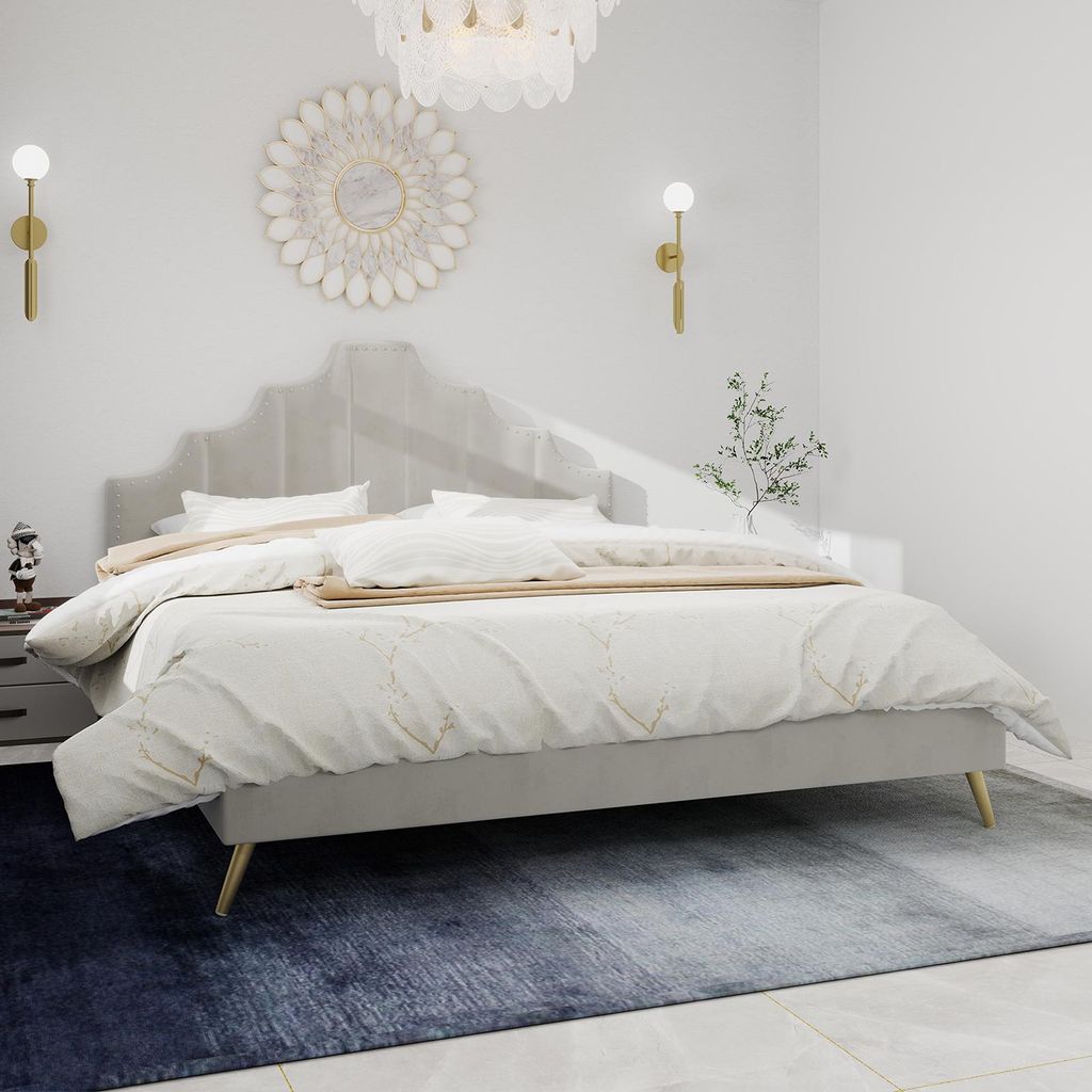 Sweiko Modern minimalist soft bed, comfortable and soft headboard, 140x200CM, beige, multifunctional bedroom furniture, low box bed frame without l...