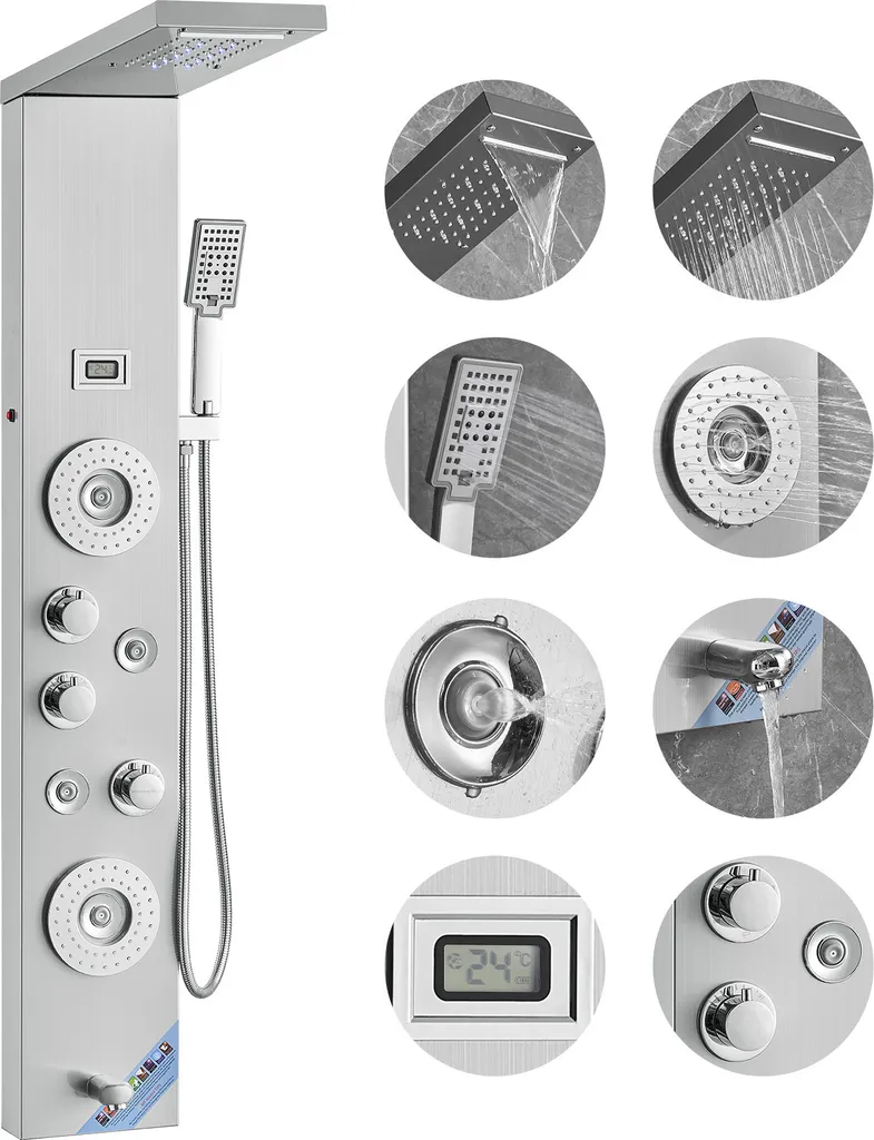Sistema di pannelli doccia VEVOR, 6 modalità di doccia, torre di pannelli doccia a LED e display, pioggia, cascata, 4 getti per il massaggio del corpo, bocca da bagno, doccetta, tubo flessibile da 59 pollici, set doccia a parete