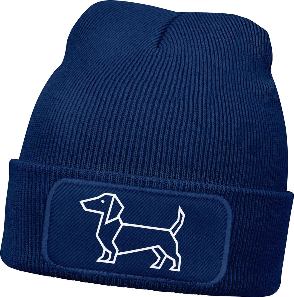Damen Beanie mit Patch Strickmütze Aufdruck Dackel Polygon Hund Geschenk Tierfreunde Lustig Damenmütze Moonworks