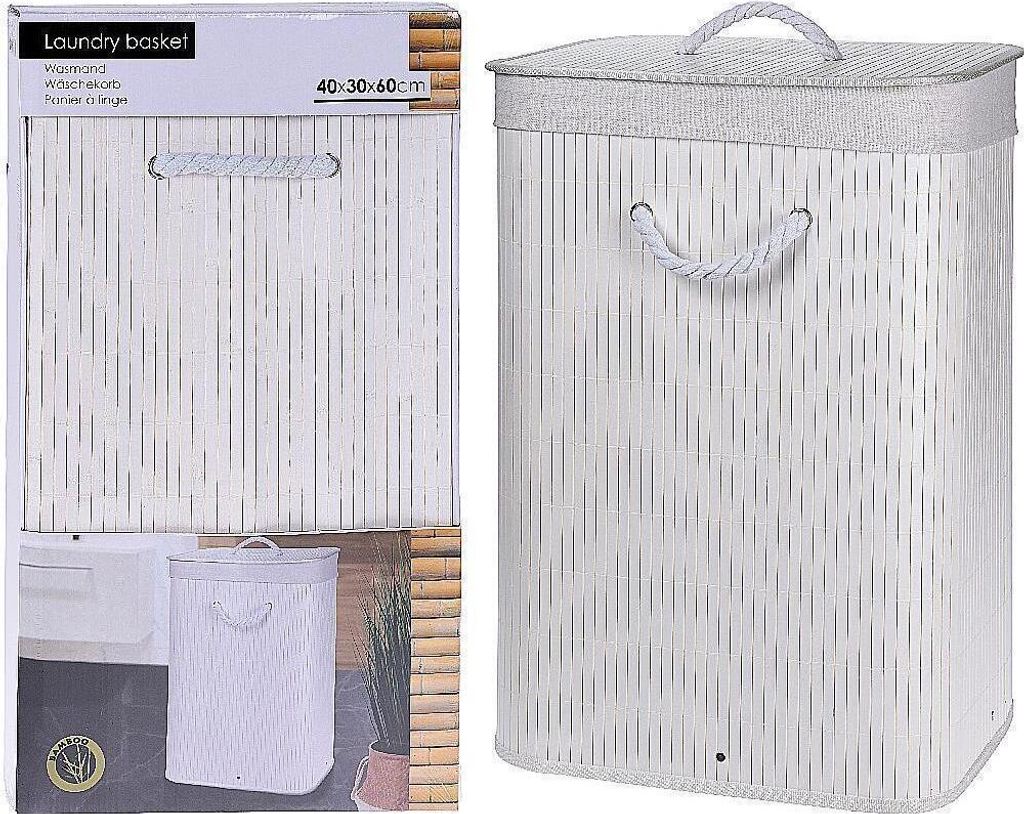 Wäschetonne Bambus weiß 40x30x60cm Wäschekorb Wäschesammler Laundry