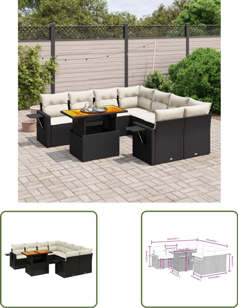 The Living Store 9-tlg. Garten-Sofagarnitur mit Kissen Schwarz Poly Rattan