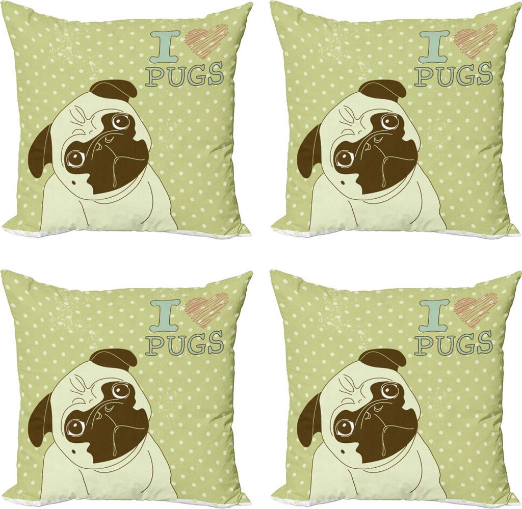 ABAKUHAUS Mops Kissenbezug Set (4 Stück), Tilted Kopf Hund Lustige, Moderner Doppelseitiger Digitaldruck, 45 cm x 45 cm, Avocado-Grün Baby Blue