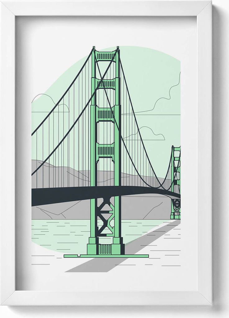 Zeichnung der Golden Gate Bridge– Wandbild mit Rahmen – Gerahmtes Bild – Wanddekoration – 20x30 cm – Weiß