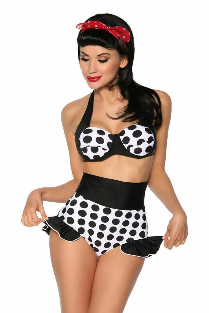 Vintage Push-Up Bikini Set 12901 Rockabilly höhe Taille Polka Dots, weiß/schwarz, Gr. XL=40