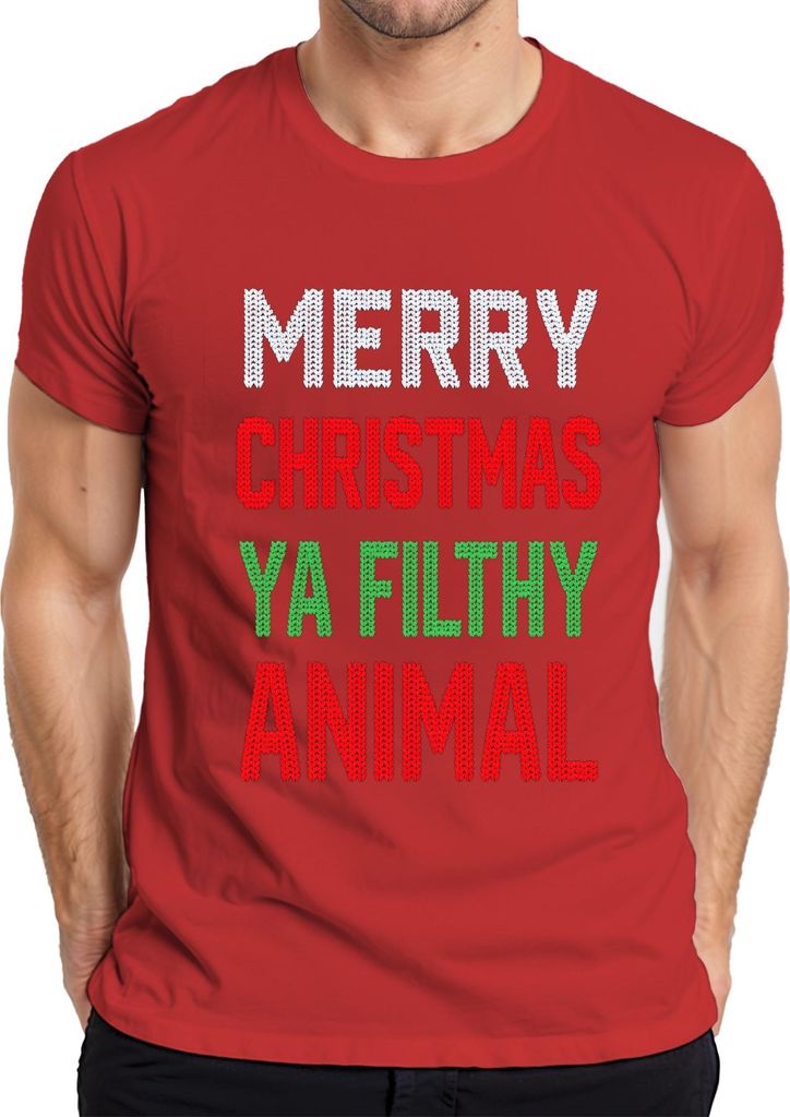 Merry Christmas Ya Filthy Animal Weihnachten Strickoptik ugly sweater Herren T-Shirt, Rot, XL