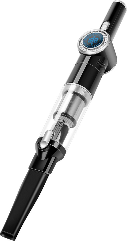 A black handheld vacuum cleaner with a transparent chamber and a digital display.