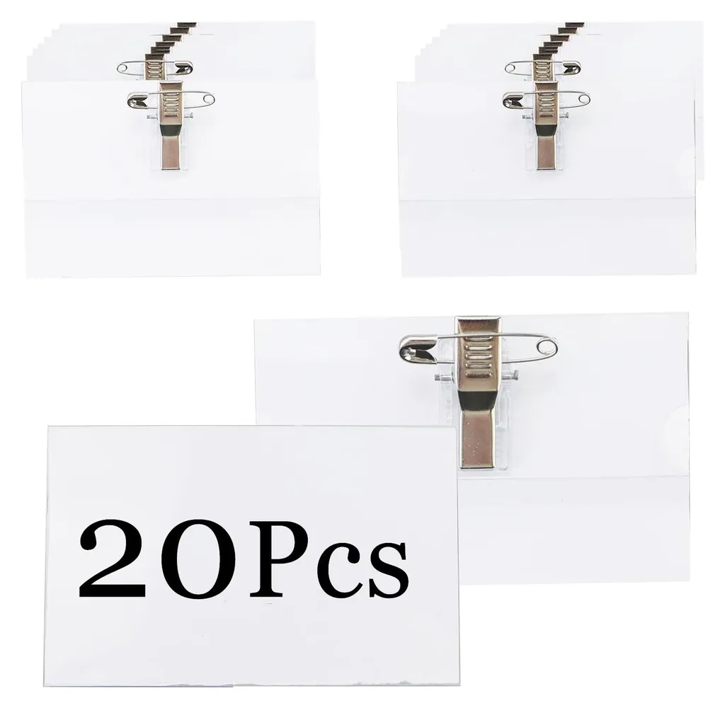 Porte-badge transparent avec clip et épingle, kit de 20 unités 90x56mm