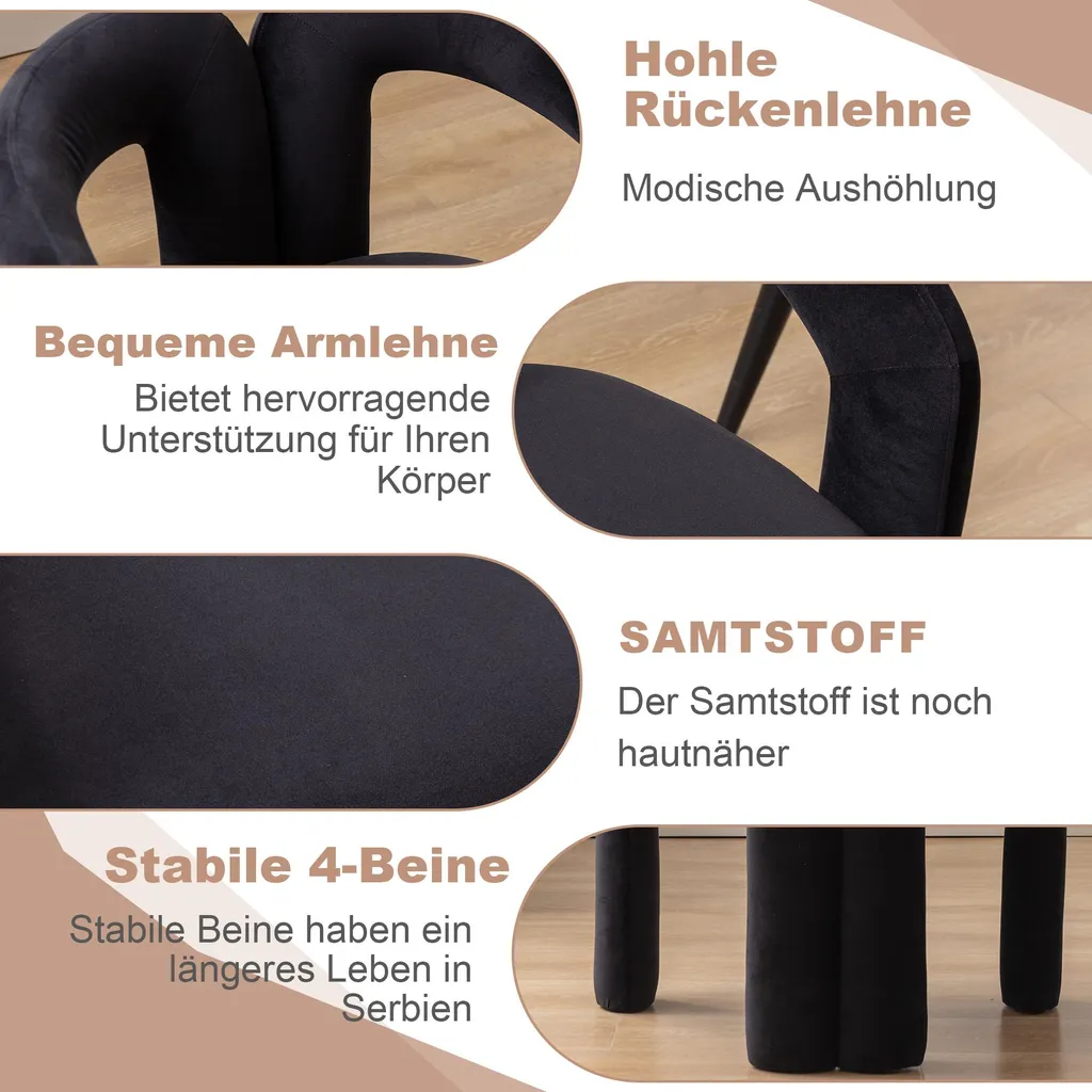 MODFU Chaise Design en Velours Noir - Lot de 2 avec Structure Bois Massif