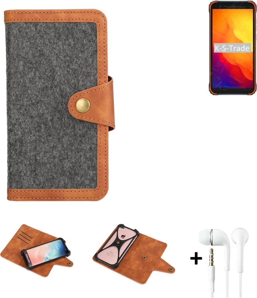 K-S-Trade Handyhülle + Kopfhörer kompatibel mit Blackview BV4900S Schutzhülle Filzhülle Kunstleder dunkelgrau braun (1x)