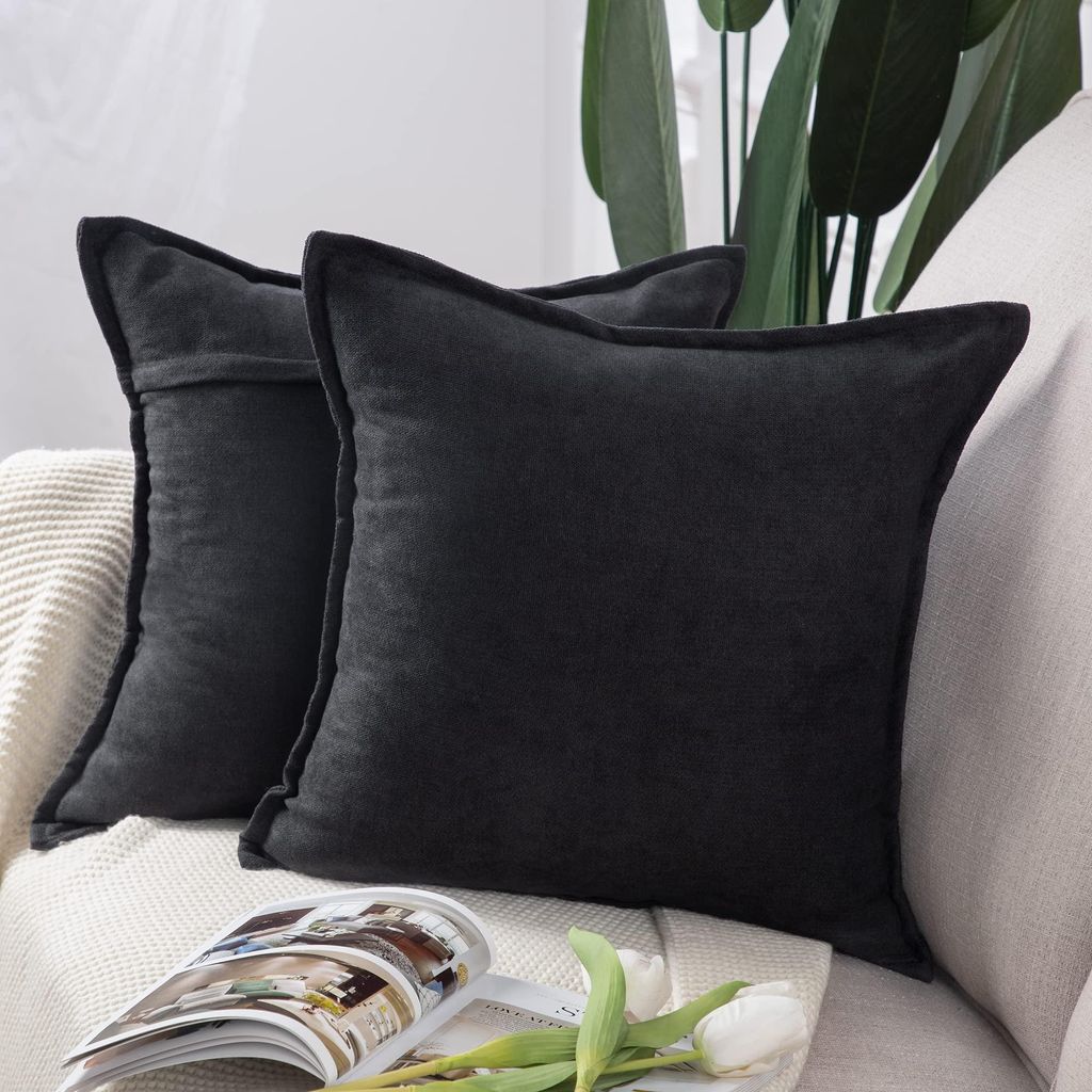 Set mit 2 kurzen, dekorativen Chenille-Kissenbezügen, weiche Dekokissenbezüge für Sofa und Schlafzimmer, schwarz, quadratisch 65 x 65 cm