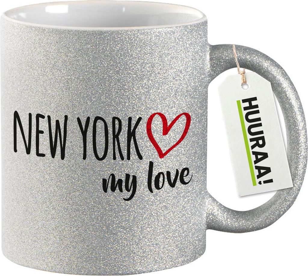 Huuraa Glitzertasse New York my love 330ml Silber Keramik Kaffeebecher Geschenkidee