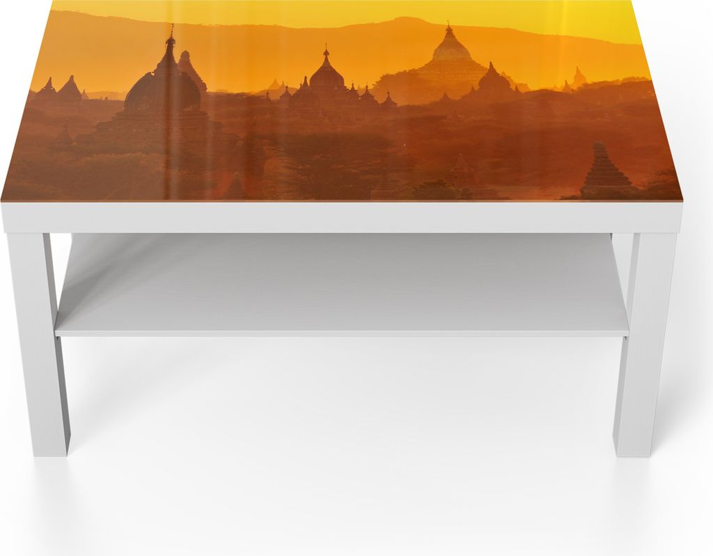 DEQORI Couchtisch 90x55 cm Weiß 'Goldene Stupas' Glas Beistelltisch Glastisch modern