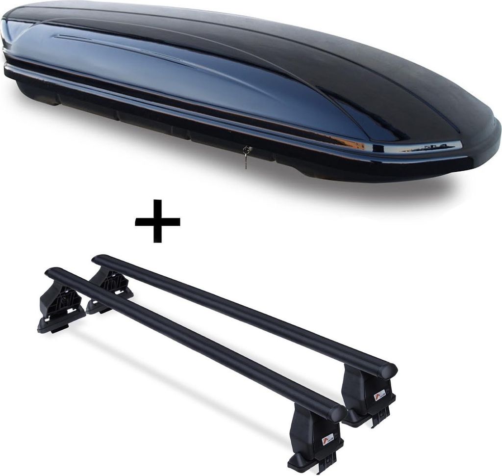 Dachbox VDPMAA580 580Ltr abschließbar schwarz + Stahl Dachträger Menabo Tema kompatibel mit für Skoda Scala (5 Türer) ab 19