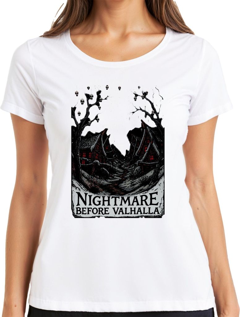 Nightmare Before Valhalla Wikinger Totenköpfe nordisch Halloween Damen T-Shirt, Weiß, S