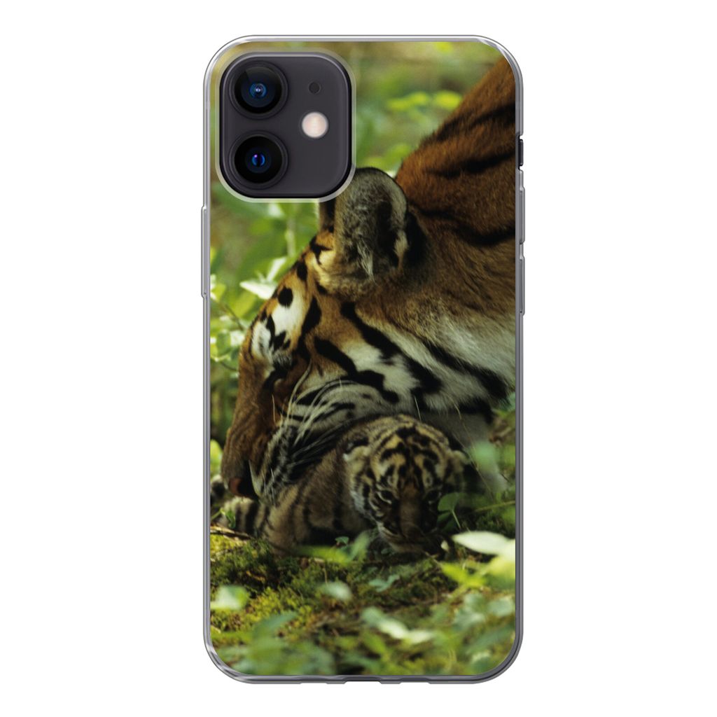 MuchoWow Handyhülle Schutzhülle Hülle für iPhone 12 Tiger - Pflanzen - Jungtier Silikon Softcase Handy Hülle - Schutzhülle