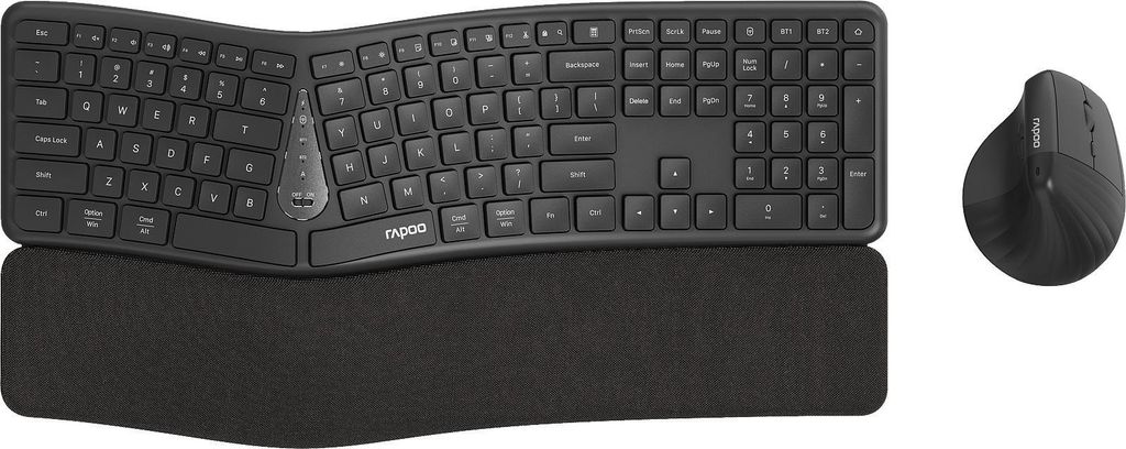 A black wireless keyboard and mouse set with a wrist rest, displayed on a white background.