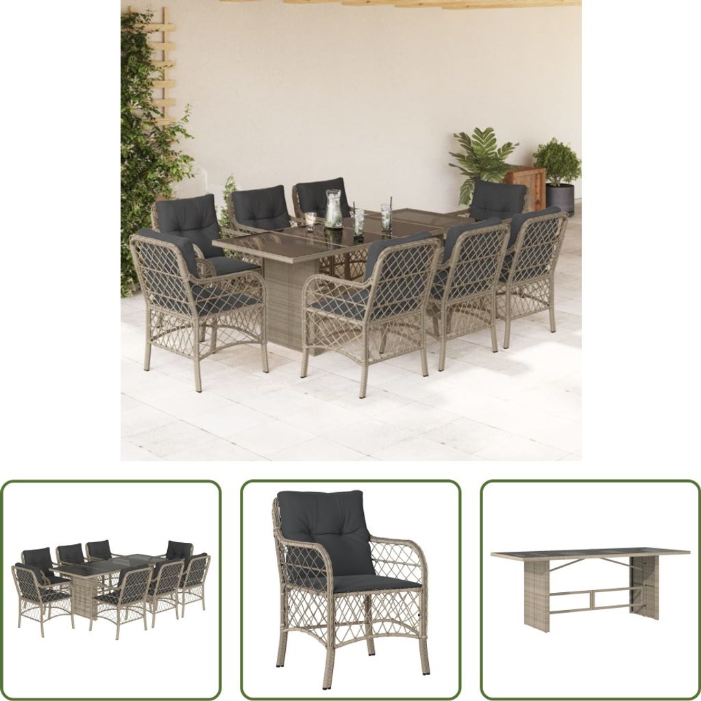 The Living Store 9-tlg. Garten-Essgruppe mit Kissen Hellgrau Poly Rattan