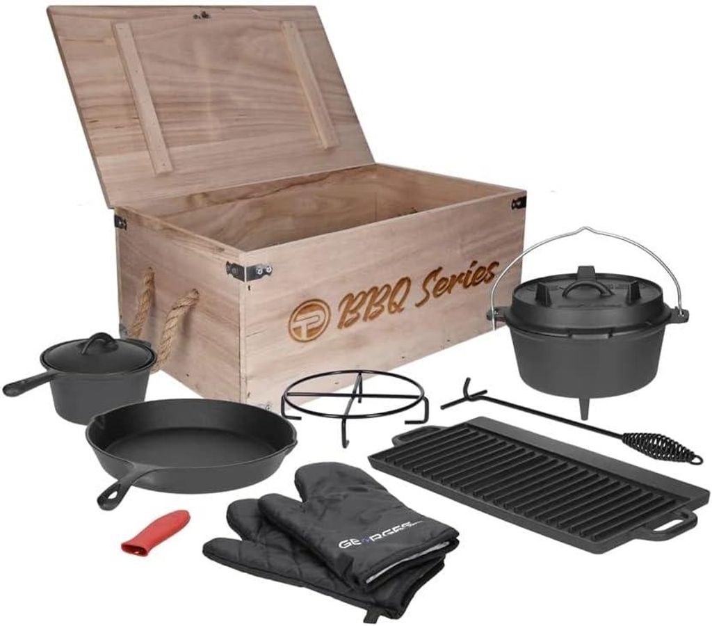 9‐tlg. Premium Dutch Oven Set – 4,5 l Topf mit Deckel & Deckelheber, Grillplatte, Pfanne Ø 30 cm, Casserole, Untersetzer, Handschuhe in Holzkiste
