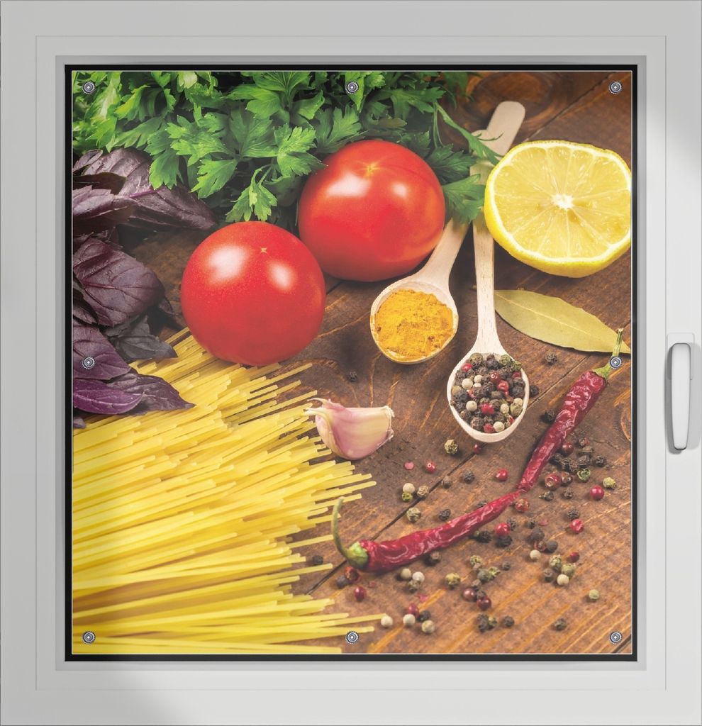 Wallario Lichtschutzbild, Dekorativer Sichtschutz Sonnenschutz 96 x 100 cm mit Motiv: Italienisches Menü mit Spaghetti, Tomaten, Basilikum und Gew...