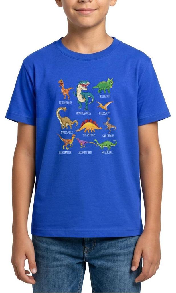 Spreadshirt Dinosaurier Arten Übersicht Dino T-Rex Comic Teenager T-Shirt, 134/146 (9-11 Jahre), Royalblau