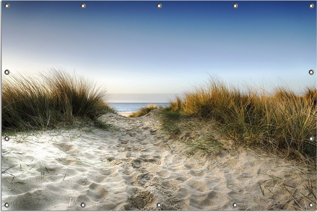 Wallario Outdoor-Poster für Garten oder Balkon, Motiv Weg durch die Dünen zum Strand am Meer, in ca. 120 x 180 cm