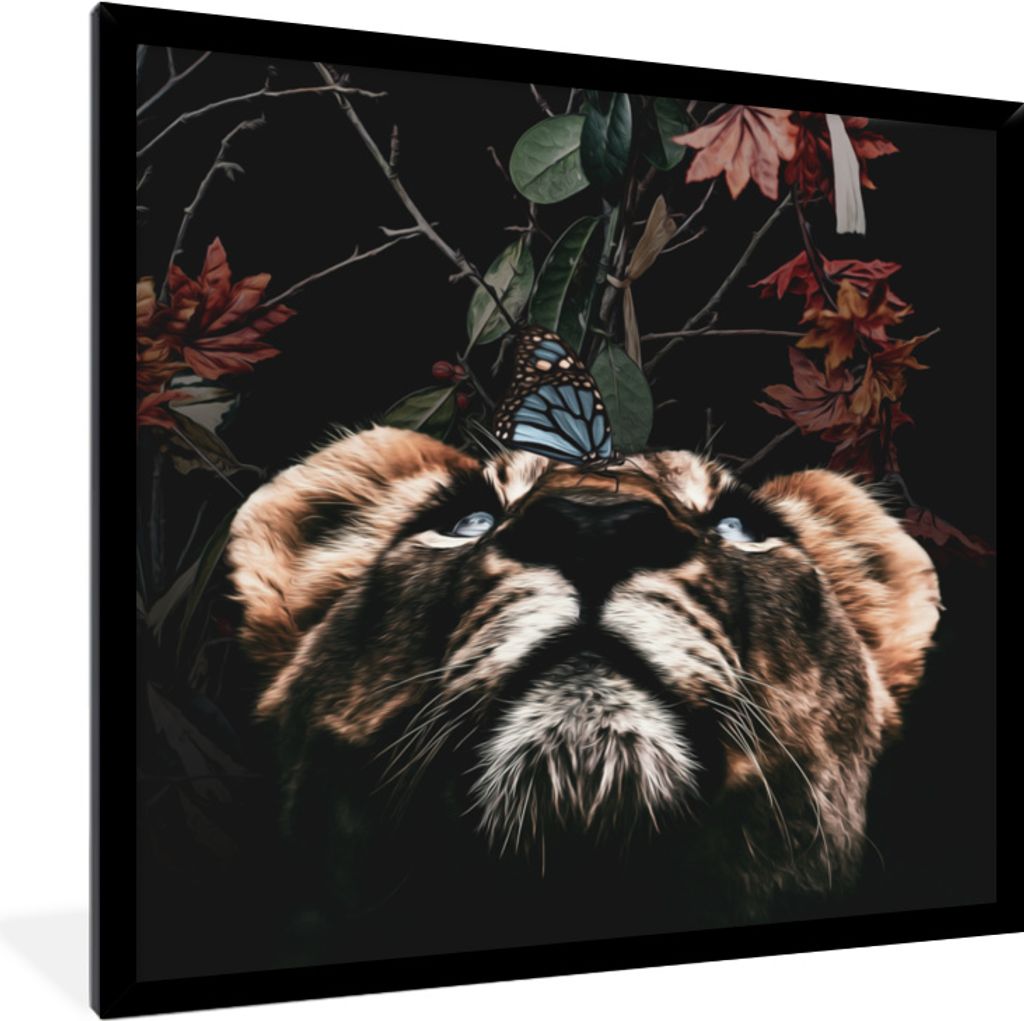 MuchoWow MuchoWow Gerahmtes Poster Tiger - Blumen - Schmetterling 40x40 cm - Poster mit zchwarzem Bilderrahmen - Mit Rahmen - Wanddekoration Sc...