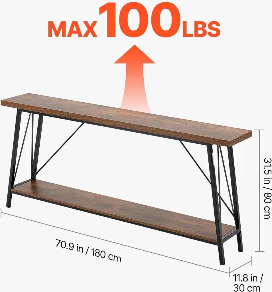 Table console 180 cm étroite à deux niveaux et structure métallique noire