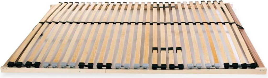 A wooden bed slatted base viewed from a diagonal angle against a white background.
