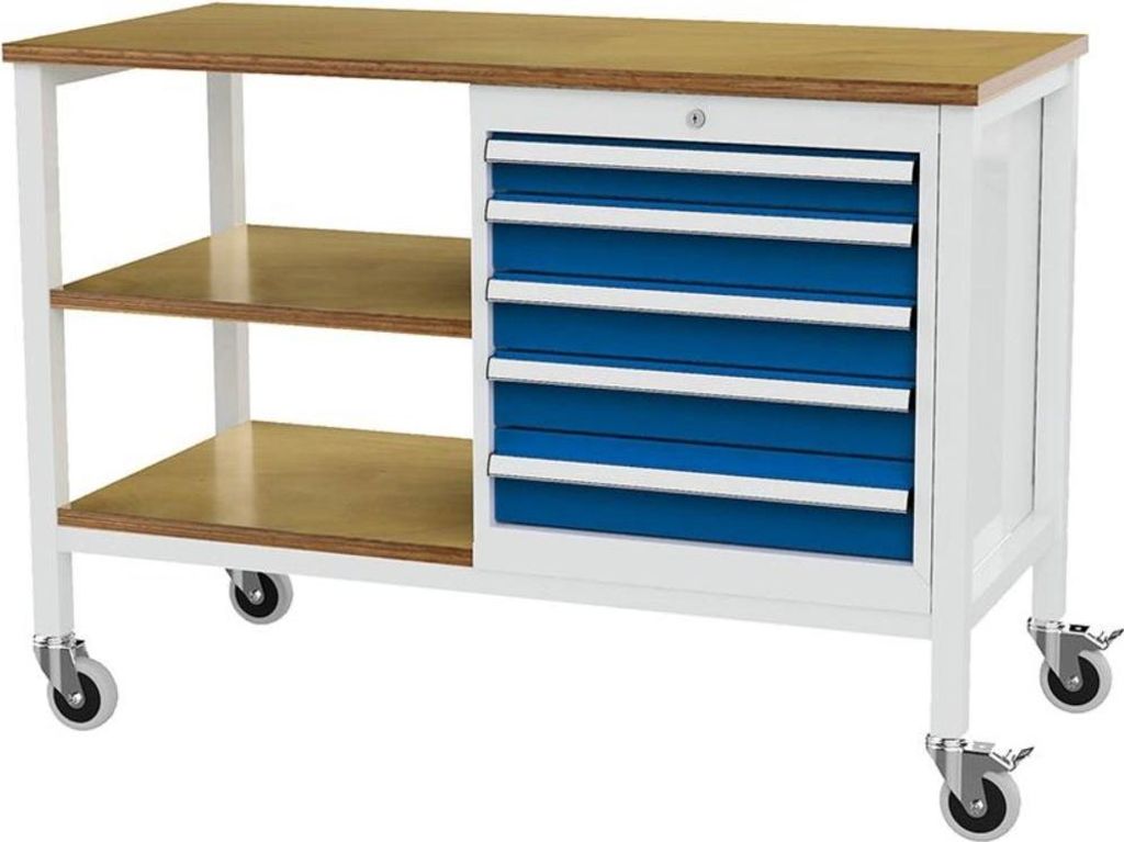Kastenwerkbank mobil B1300mm 5 Schubladen 2 Böden RAL7035/5010, 4317784969154