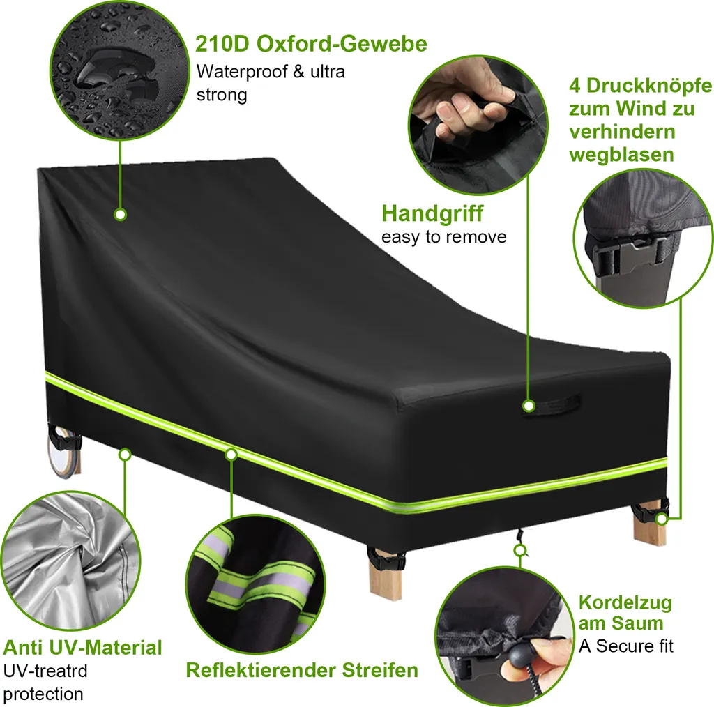 Copri Lettino Giardino Impermeabile 210D Oxford Nero 210x75x80cm - 8