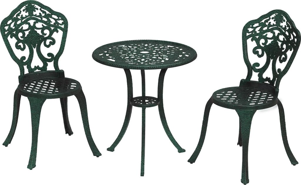 Outsunny Aluminium-Bistro-Set für den Garten, 3-teiliges Lounge-Set für draußen: 2 Stühle + 1 runder Tisch, Kunsteisen-Optik, Grün