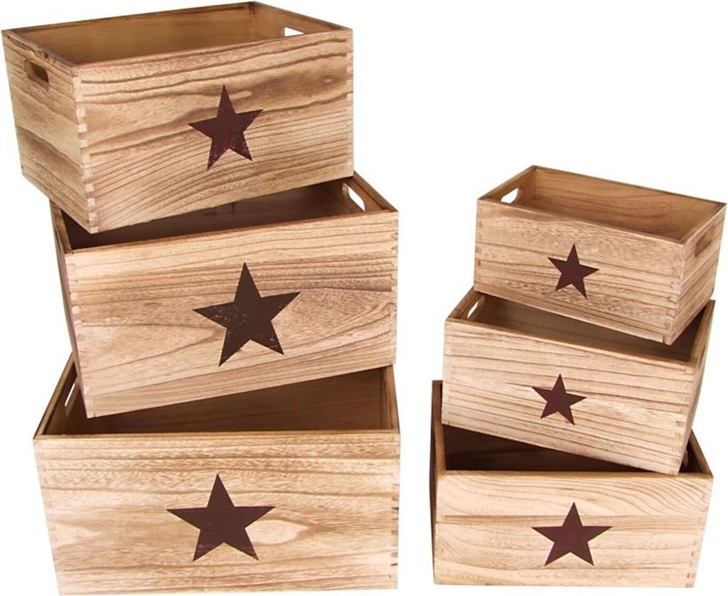 Deko-Holzkästen Stern 6er-Set Holzkiste Aufbewahrungskiste Produktbild 