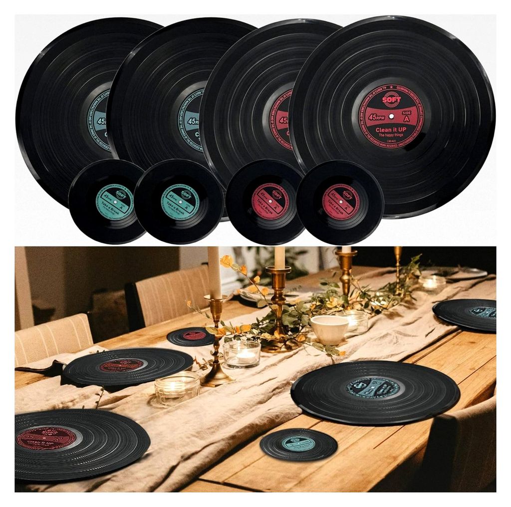 4er-Set Platzsets und Untersetzer aus Vinyl, Rund, Schwarz, Abwaschbar, Hitzebeständig, Rutschfest für Küche und Restaurant
