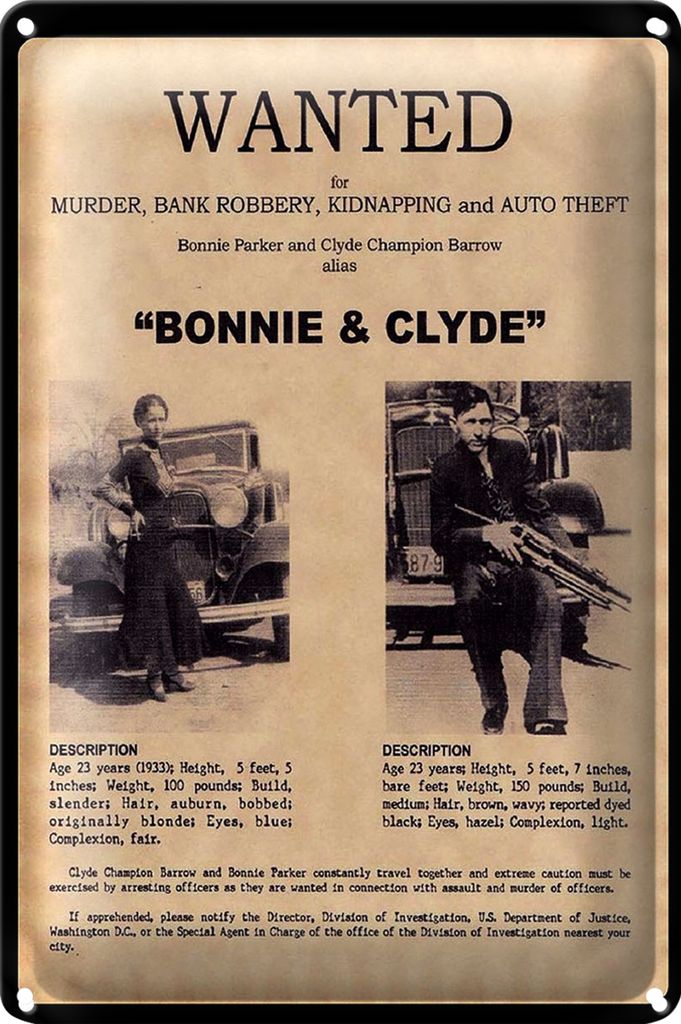 Blechschild Spruch 40x30cm wanted Bonnie Clyde