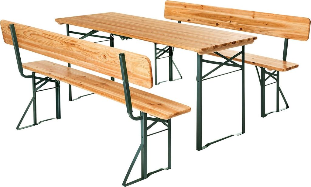 A three-piece picnic table set with two benches and a table, all made of wood with green metal legs.