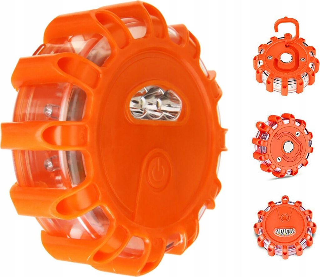 A collage of images showing an orange LED emergency beacon light from different angles.