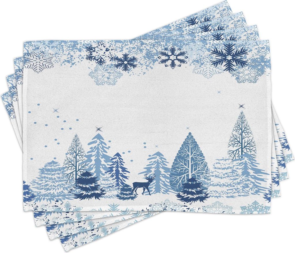 ABAKUHAUS Winter Platzmatten, Winter-Szene mit Deer Frozen Trees und Schnee Christmas Season Pine Trees, 30 x 45 cm, Blau Weiss