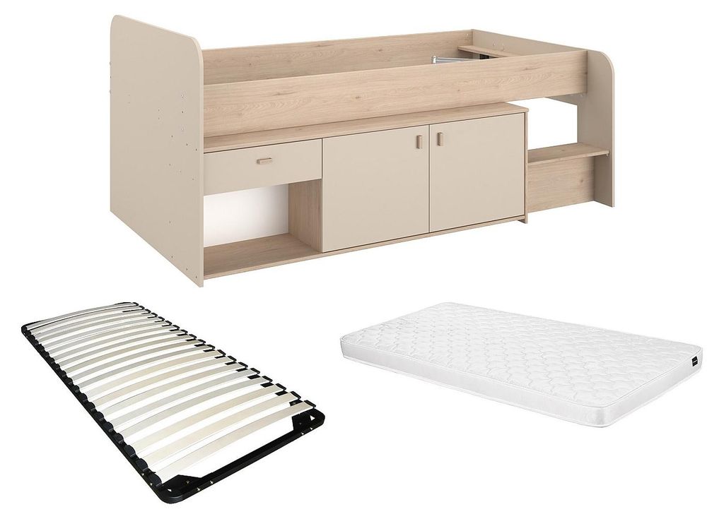 Hochbett 90 x 190/200 cm mit Kasten - Beige und Natur + Rahmen + Matratze - LUNOBI
