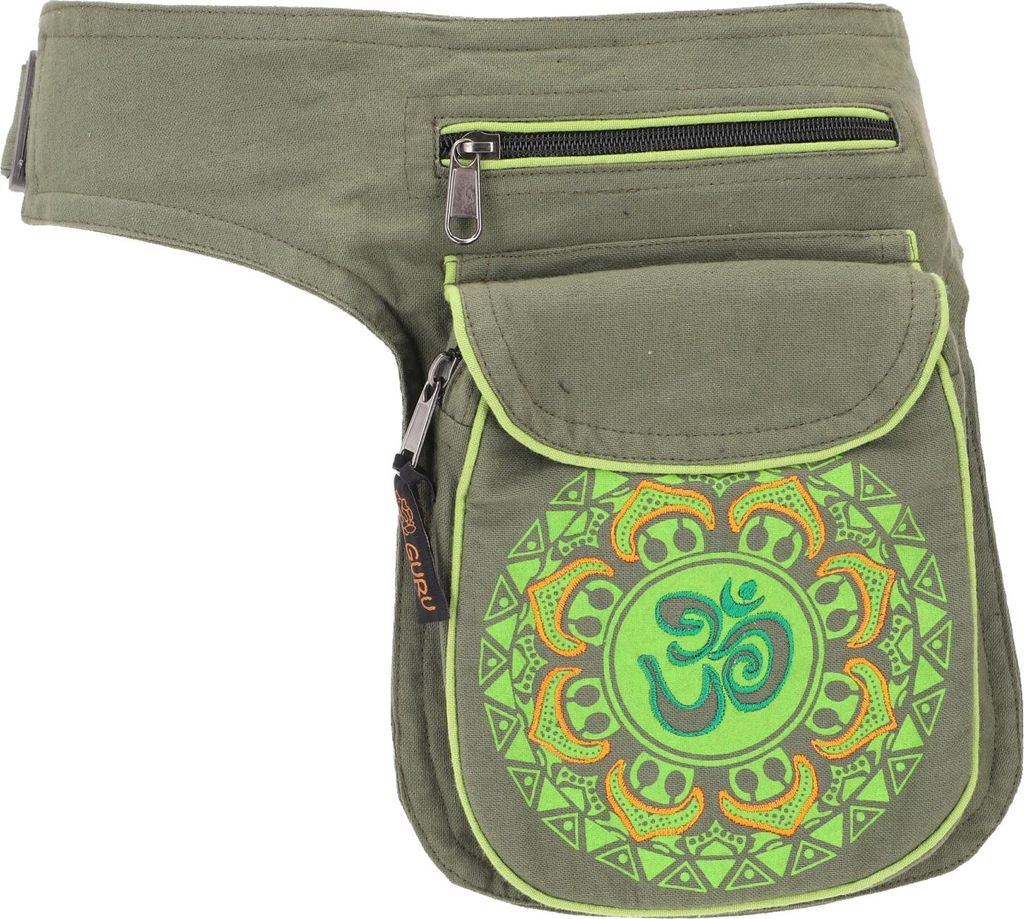 Stoff Sidebag & Gürteltasche Aum Mandala, Goa Gürteltasche, Bauchtasche - Grün, Uni - Erwachsene, Baumwolle, 25*17*4 cm, Festival- Bauchtasche H...