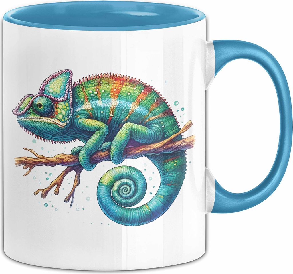 Aquarell Chamäleon Tasse Geschenk Grafik (Blau)