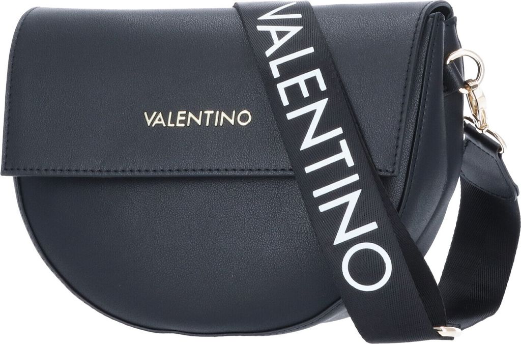 A black Valentino handbag with a white logo strap.