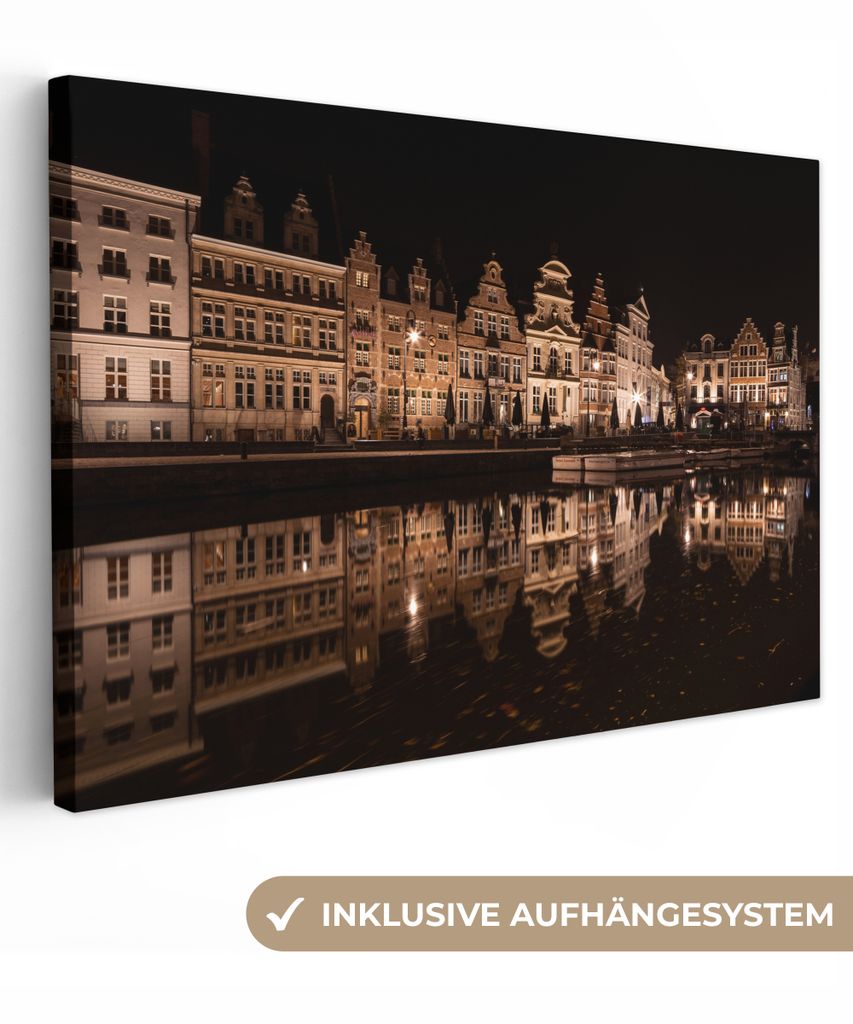 OneMillionCanvasses - Leinwandbilder - 140x90 cm, Architektur - Spiegelung - Nacht - Gent, Wandbilder Kunstdruck Wanddekoration - Foto auf Leinwa...