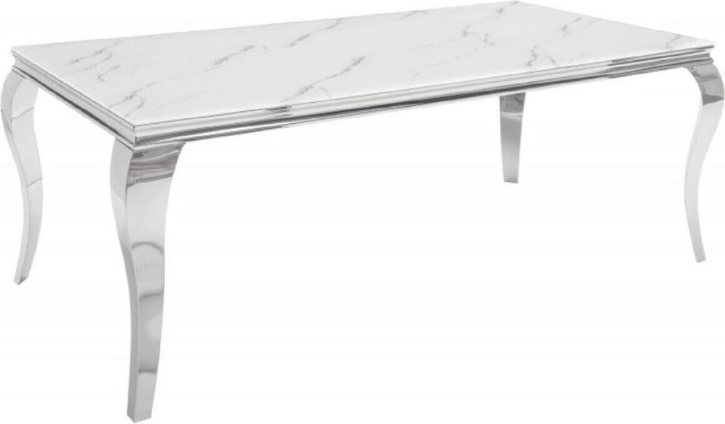 Casa Padrino Designer Esstisch Weiß / Grau / Silber 180 x 95 x H. 75 cm - Rechteckiger Edelstahl Küchentisch mit digitalbedrucktem Sicherheitsgla...