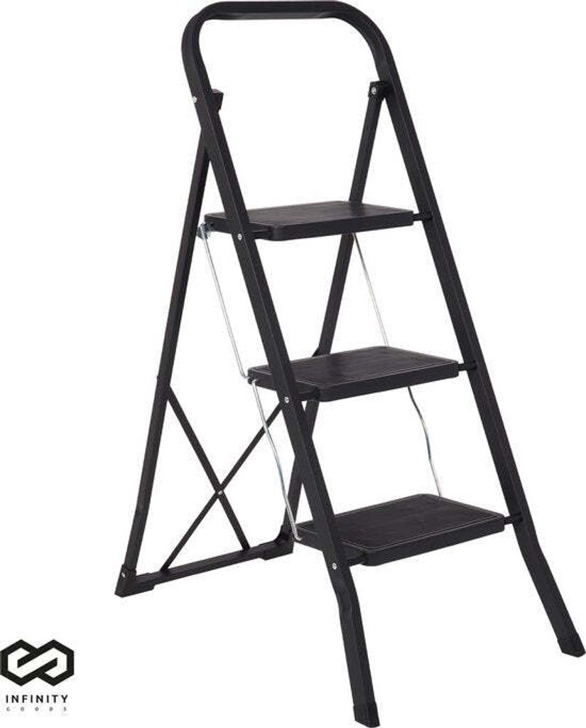 A black stepladder with three steps is shown against a white background.