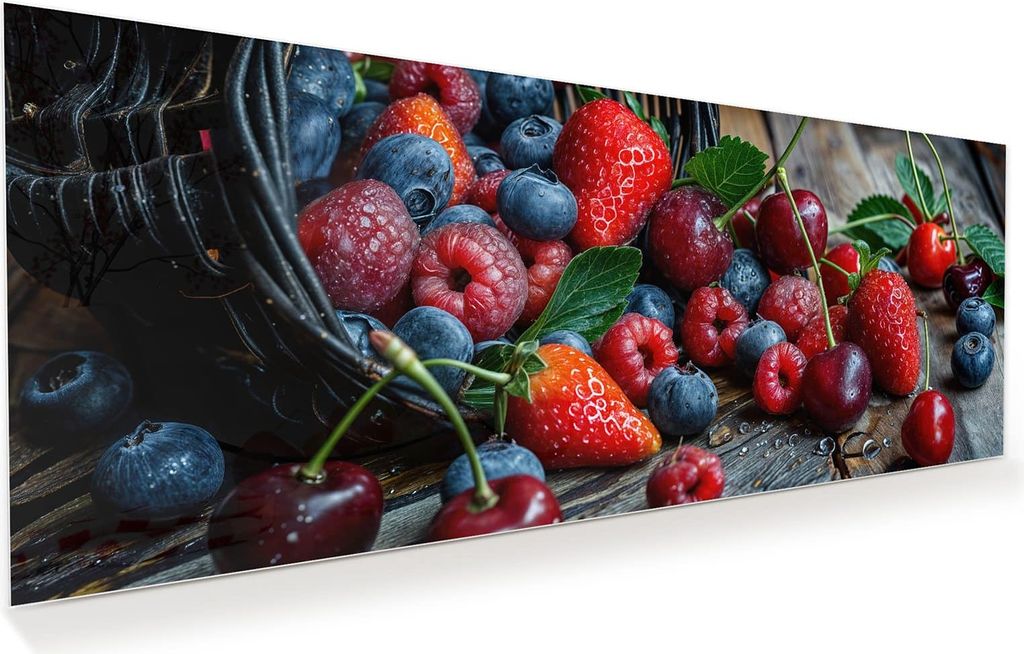 Glasbild 150x60cm in XXL für Wohnzimmer, Schlafzimmer Motiv Frische Beerenkorb