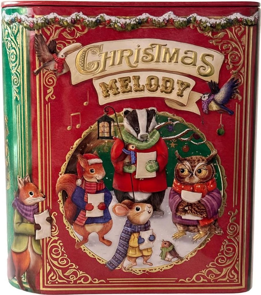 Weihnachtsmelodie Blechdose in Buchform dekorative Geschenkdose für Teebeutel, Plätzchen, Kekse & mehr, 18 cm x 15 cm