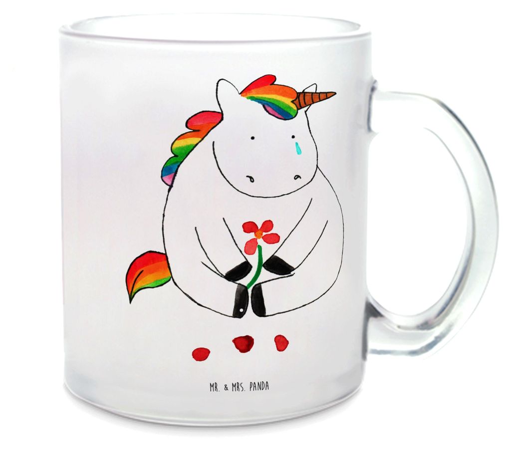 Mr. & Mrs. Panda Teeglas Einhorn Traurig - Transparent - Geschenk, Liebe, Blume, Pott, Unicorn, Teetasse aus Glas, Tee Tasse, Haferl, Einhörner, T...